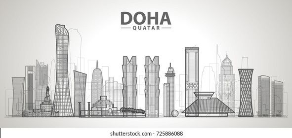 Doha (Qatar ) skyline with panorama in white background. Vector Illustration. Business travel and tourism concept with modern buildings. Image for presentation, banner, web site.