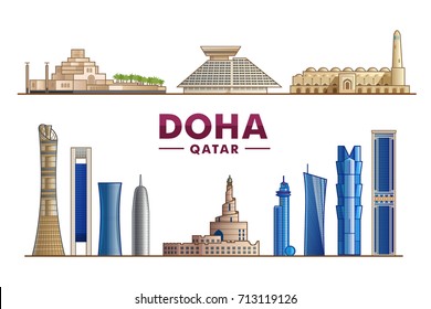 Doha Qatar. Vector illustration. Most famous monument and buildings landmark.