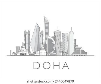 Ilustración del paisaje urbano del horizonte de Doha en blanco y negro