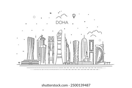 Doha Skyline Stadtansicht Illustration in Schwarz-Weiß