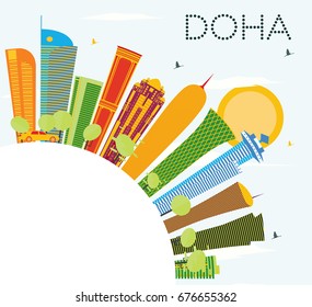 Doha Skyline with Color Buildings, Blue Sky and Copy Space. Vector Illustration. Business Travel and Tourism Concept. Image for Presentation Banner Placard and Web Site.