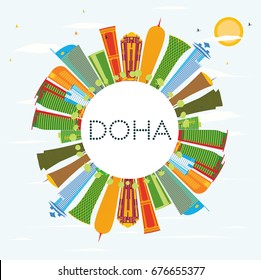 Doha Skyline with Color Buildings, Blue Sky and Copy Space. Vector Illustration. Business Travel and Tourism Concept. Image for Presentation Banner Placard and Web Site.