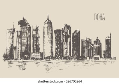 Doha skyline detailed silhouette, Qatar. Hand drawn, engraved vector illustration