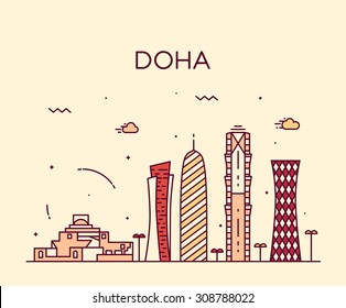 Doha skyline, detailed silhouette. Trendy vector illustration, linear style.