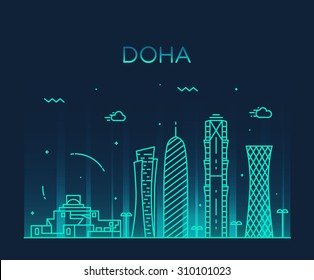 Doha skyline, detailed silhouette. Trendy vector illustration, linear style.