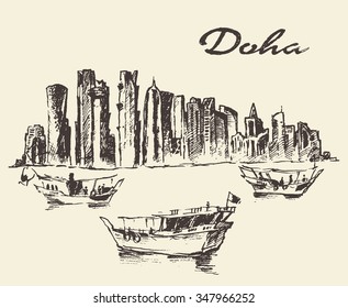 Doha sketch avec Dhow, Qatar, illustration vectorielle, dessiné à la main, croquis 