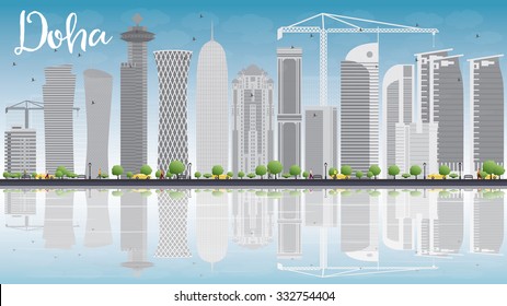 Doha skyline with grey skyscrapers and blue sky. Vector illustration. Business and tourism concept with copy space. Image for presentation, banner, placard or web site