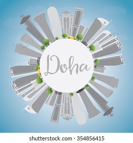 Doha skyline with grey skyscrapers and blue sky. Vector illustration. Business and tourism concept with copy space. Image for presentation, banner, placard or web site