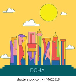 Doha Skyline Landmark city vector illustration.