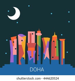 Doha Skyline Landmark city vector illustration.