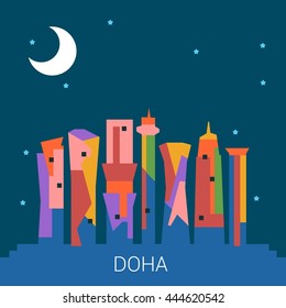 Doha Skyline Landmark city vector illustration.