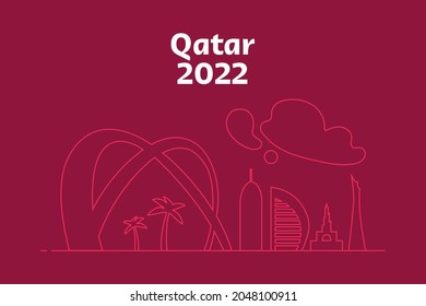 Doha skyline, line silhouette ruby color background