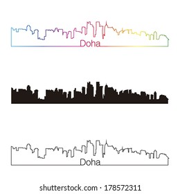 Doha skyline linear style with rainbow in editable vector file