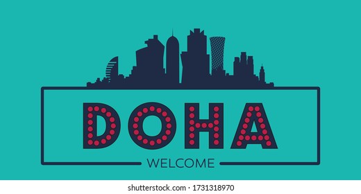 Essilueta de diseño plano en Doha ilustración vectorial tipográfica.