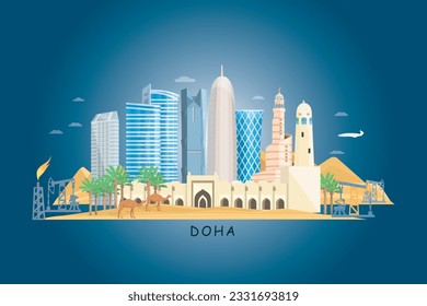 Arquitectura de edificios emblemáticos del vector de silueta de línea aérea de Doha