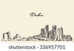 Doha skyline, vector engraved illustration, hand drawn