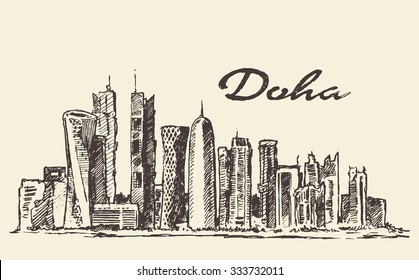 Doha skyline vintage engraved illustration, hand drawn, sketch