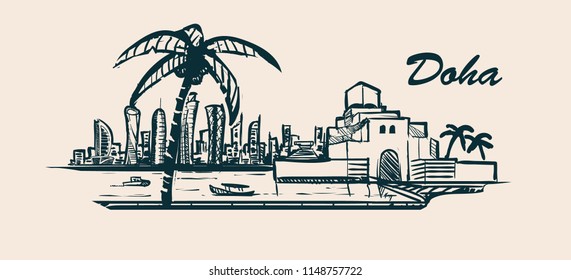 Skyline von Doha, handgezeichnete Skizze, Vektorgrafik.Museum of Islamic Art. 