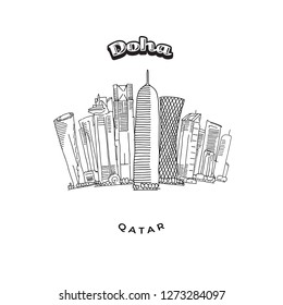 Doha Towers Skyline. Hand-drawn vector illustration. Famous travel destinations series.