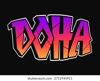 Tipografía de Doha que muestra letras audaces de estilo de arte callejero con un vibrante relleno de degradado de púrpura a naranja, delineado en blanco sobre un llamativo fondo oscuro