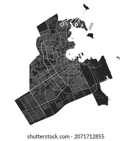 Doha vector map. Detailed vector map of Doha city administrative area. Cityscape poster metropolitan aria view. Black land with white streets, roads and avenues. White background.