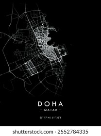 Doha vector print map in dark theme. Detailed map of Doha in Qatar. Best free vector illustration. Tourist decorative minimalist street map.