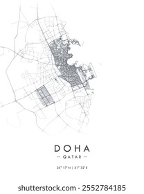 Doha vector print map. Detailed map of Doha in Qatar. Best free vector illustration. Tourist decorative minimalist street map.