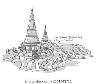 Doi Inthanon National Park, Chiangmai, Thailand. Hand drawing outline.