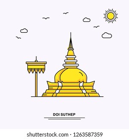 DOI SUTHEP Monument Poster Template. World Travel Yellow illustration Background in Line Style with beauture nature Scene