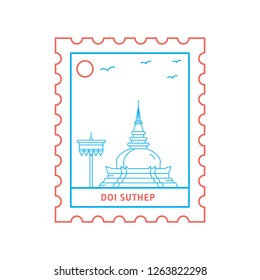 DOI SUTHEP postage stamp Blue and red Line Style, vector illustration