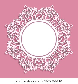 Doily frame with copy space for your text. Paper cut out invitation or greeting card template on pastel pink. Girly. Vector illustration