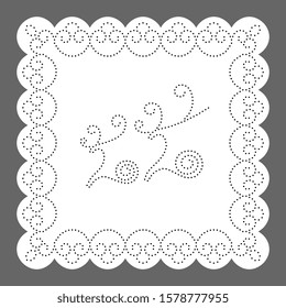 Doily lace pattern 2020 New Year design. Square place mat elegant eyelet embroidery motif black and white template. Holiday table decoration. Festoon edge dot line tracery texture for home textile.