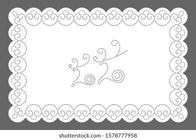 Doily Lace Pattern 2020 New Year Design. Rectangle Place Mat Elegant Eyelet Embroidery Motif Black White Template. Festoon Edge Dot Line Tracery Texture For Home Textile.