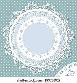 Doily template set on polka dot seamless pattern background. For scrapbook design.
