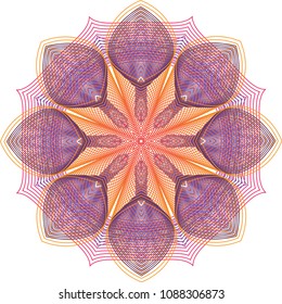 Doily-inspired guilloche rosette with fluted purple petals set in a delicate netting of dark orange waves.