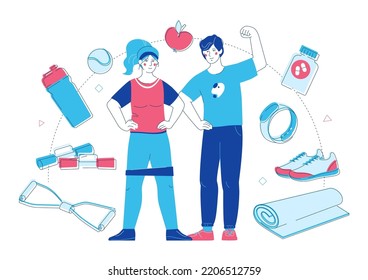 Doing active sports - flat design style illustration with line elements. High quality colorful images of man and woman athletes, sneakers, jump rope, protein cocktail, yoga mat. Healthy lifestyle idea