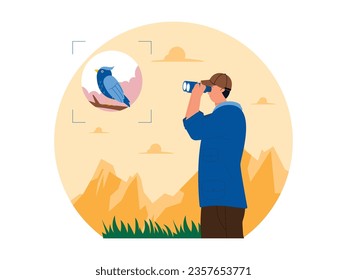 Doing bird watching in the mountains, looking at beautiful natural landscapes, vector illustration.