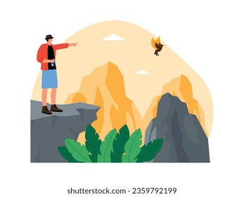 Doing bird watching from the top of a high cliff, enjoying free time for a hobby, vector illustration.