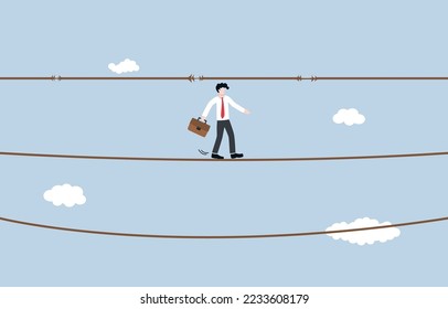 Doing business with careful planning, working with middle line management for sustainable growth concept, Businessman walking on middle rope between taut rope and slack rope.