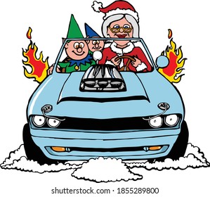 Haciendo Navidad al estilo de un auto deportivo americano Dirigiéndose a la tienda con sus elfos favoritos, la Sra. Santa claus se esfuerza con facilidad por las nevadas en su aspirante azul cielo dodge. 