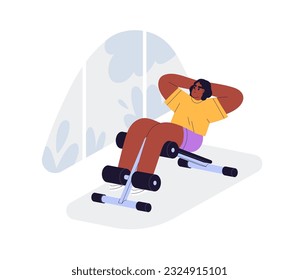 Doing crunches, sit-ups with ab bench. Black woman training abdominal muscles, core strength and power in gym. Girl exercising, abdomen workout. Flat vector illustration isolated on white background