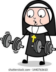 Doing Exercise in Gym - Cartoon Nun Lady Vector Illustration