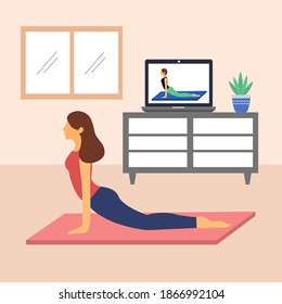 Doing Exercise Online At Home. Online Yoga Lesson With Instructor. Yoga Class Learning Via Laptop Computer.