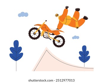 Doing freestyle while riding trail, extreme sports vector illustration.