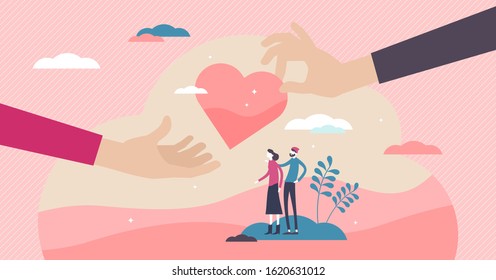 Doing good volunteering concept, flat tiny persons couple and hands giving heart symbol. Abstract stylized vector illustration design art. Health or social business help and support community.