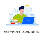 Doing homework concept with people scene in the flat cartoon design. The student diligently does homework in mathematics and geometry in order to get a good grade in school. Vector illustration.