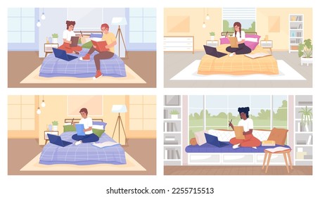 Doing homework at home flat color vector illustration set. Completing school assignments with friend. Fully editable 2D simple cartoon characters pack with bedroom, living room interiors on background