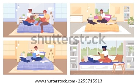Doing homework at home flat color vector illustration set. Completing school assignments with friend. Fully editable 2D simple cartoon characters pack with bedroom, living room interiors on background