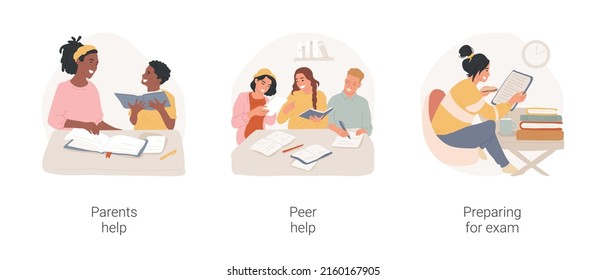 Doing homework isolated cartoon vector illustration set. Parent help teenager with homework, peer help, diverse teen friends study together, concentrated girl preparing for exam vector cartoon.