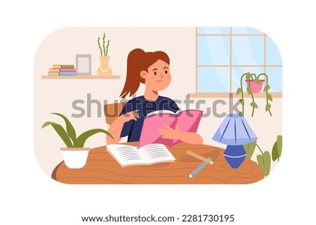Doing homework kids concept with people scene in the flat cartoon design. Little girl is reading a book that the teachers told her to read. Vector illustration.